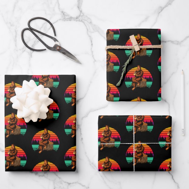 Bigfoot Sunset Coffee Break Funny Sasquatch  Wrapping Paper Sheet (Front)