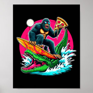Bigfoot Surfing Eating Pizza Alligator Attack Funn Poster