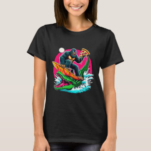 Bigfoot Surfing Eating Pizza Alligator Attack Funn T-Shirt