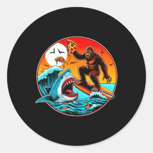 Bigfoot Surfing Eating Pizza Shark Attack Funny Ar Classic Round Sticker