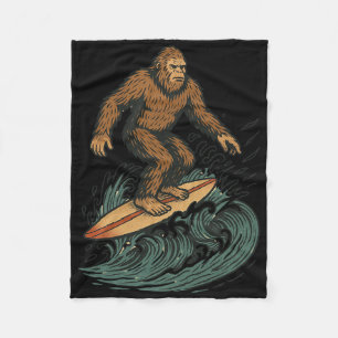 Bigfoot Surfing Retro Beach Cryptid Art For Summer Fleece Blanket