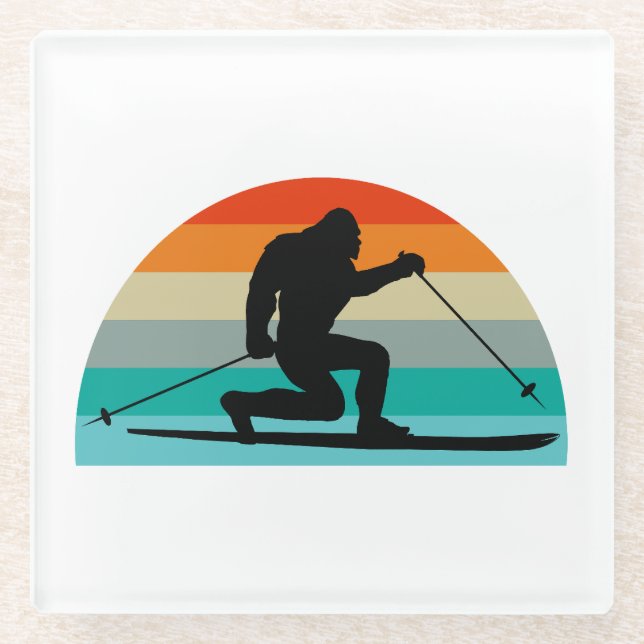 Bigfoot Telemark Skiing Rainbow Glass Coaster (Front)