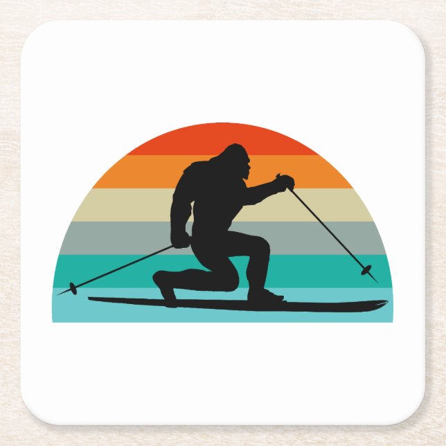 Bigfoot Telemark Skiing Rainbow Square Paper Coaster (Front)