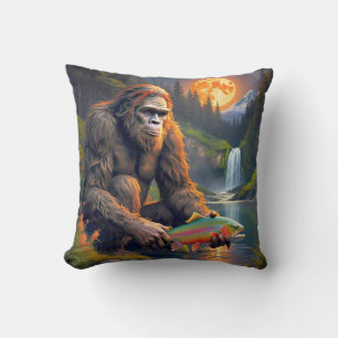 Bigfoot Trout Fishing by Moonlight Cushion