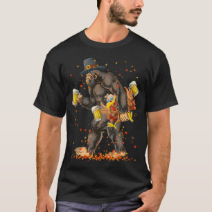 Bigfoot Turkey Pumpkin Drinking Beer Thanksgiving T-Shirt