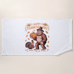 Bigfoot Turkey Pumpkin Thanksgiving Day Classic T- Beach Towel