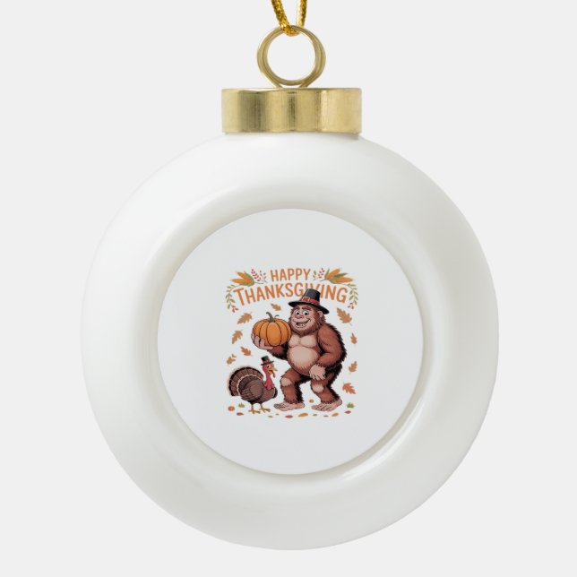 Bigfoot Turkey Pumpkin Thanksgiving Day Classic T- Ceramic Ball Christmas Ornament (Front)