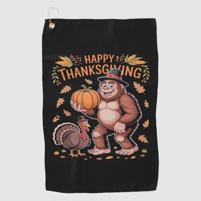 Bigfoot Turkey Pumpkin Thanksgiving Day Classic T- Golf Towel (Front)