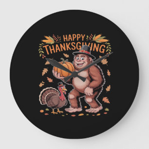 Bigfoot Turkey Pumpkin Thanksgiving Day Classic T- Large Clock