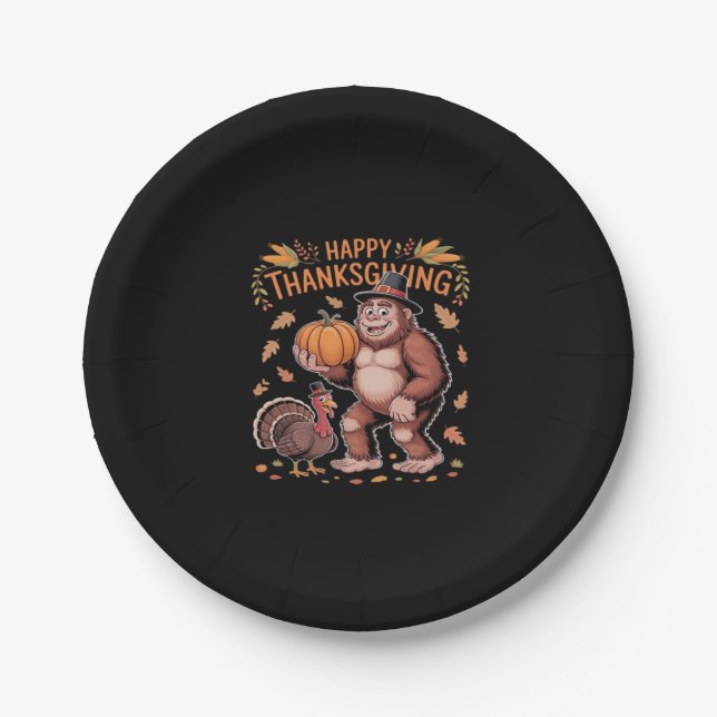 Bigfoot Turkey Pumpkin Thanksgiving Day Classic T- Paper Plate (Front)