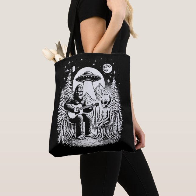 Bigfoot UFO Alien Around Campfire Nature Hiking  Tote Bag (Close Up)