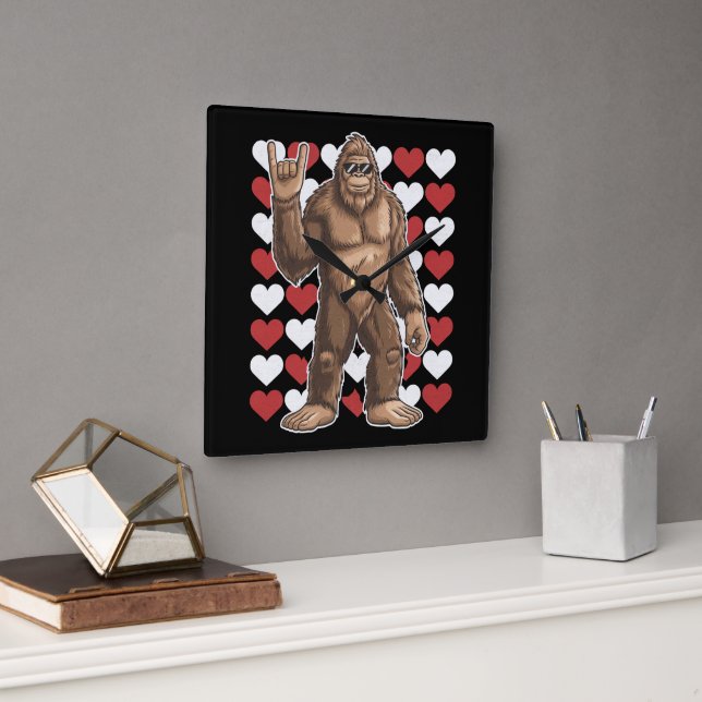 Bigfoot Valentines Day Funny Hearts Sasquatch Love Square Wall Clock (Office)