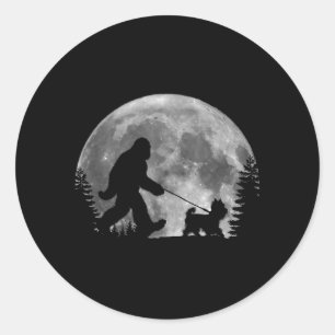 Bigfoot Walking A Dog Funny Yorkie Lovers Moon Classic Round Sticker