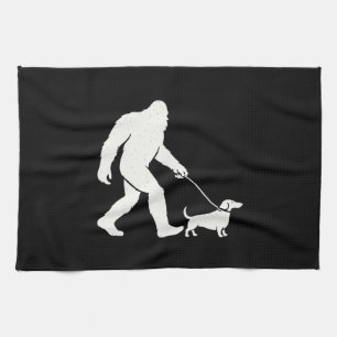 Bigfoot Walking Dachshund Funny Wiener Dog Dad  Tea Towel