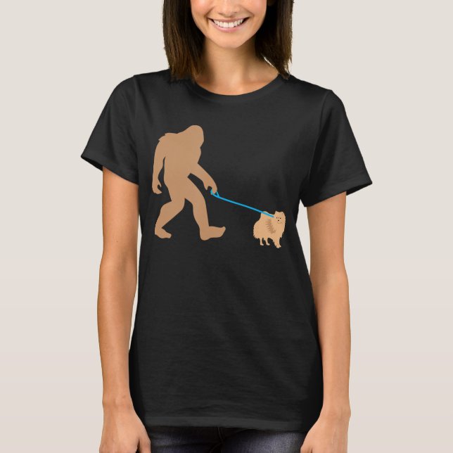Bigfoot Walking Pomeranian Dog Funny Sasquatch Gif T-Shirt (Front)