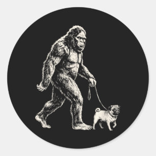 Bigfoot Walking Pug Funny Sasquatch Dog Walker Classic Round Sticker