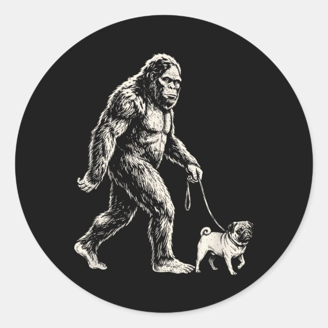 Bigfoot Walking Pug Funny Sasquatch Dog Walker Classic Round Sticker (Front)