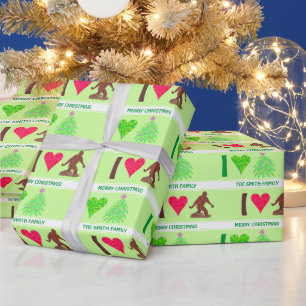 Bigfoot Walking Sasquatch I Heart Christmas Fun Wrapping Paper