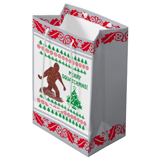 Bigfoot Walking Sasquatch Silver Red Funny Medium Gift Bag (Front Angled)