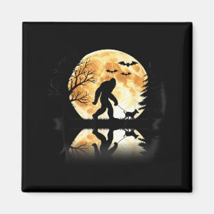 Bigfoot Walking With Dog Funny Halloween Moon Magnet