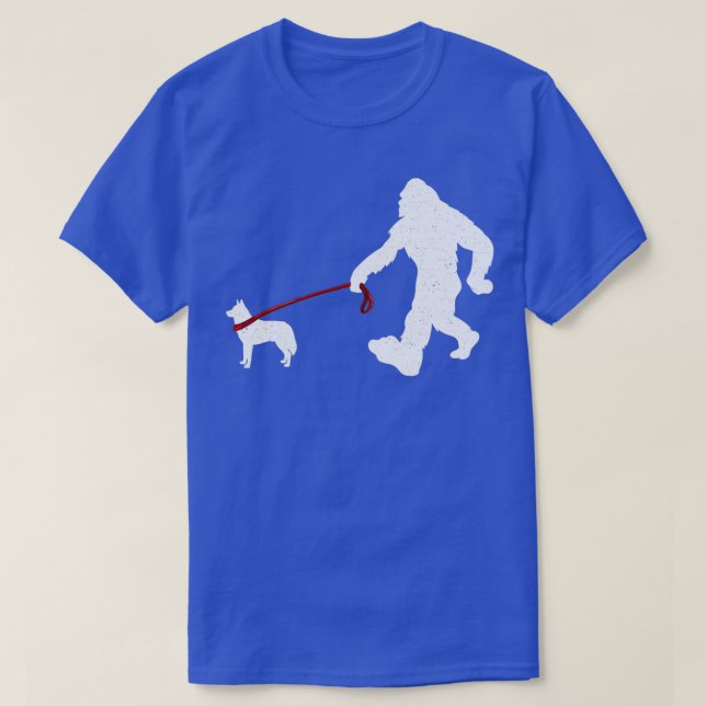Bigfoot Walking With Siberian Husky Dog Funny Bigf T-Shirt (Design Front)