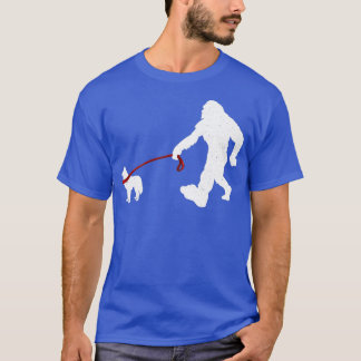 Bigfoot Walking With Siberian Husky Dog Funny Bigf T-Shirt