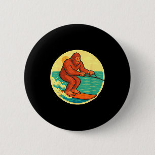 Bigfoot water skiing vintage cryptid beach graphic 6 cm round badge