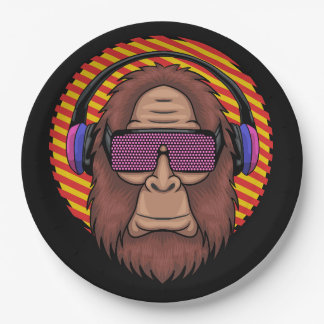 bigfoot wearing a techno eyeglasses and headphone paper plate