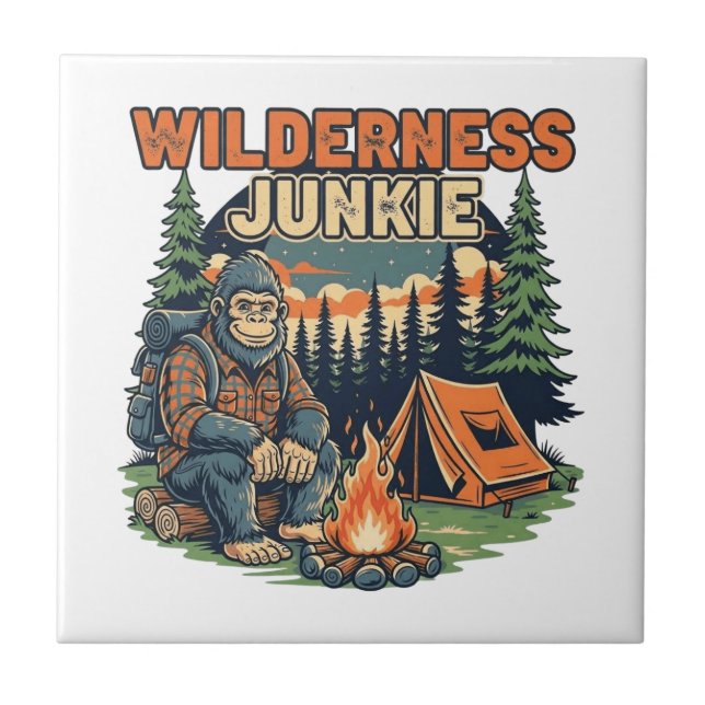 Bigfoot wilderness junkie retro design ceramic tile (Front)