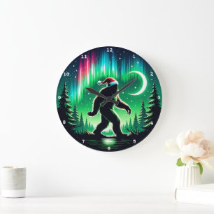 Bigfoot With Aurora Borealis and Christmas Cheer Large Clock