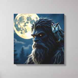 Bigfoot with Glowing Eyes and Owl on his Shoulder Canvas Print