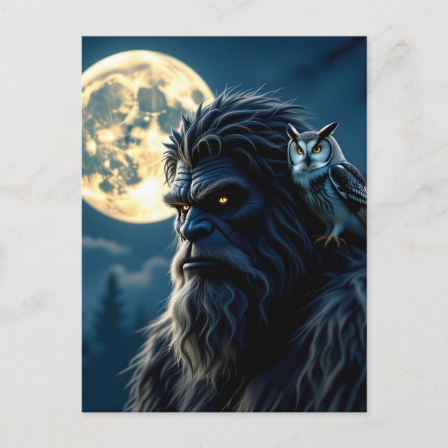 Bigfoot with Glowing Eyes and Owl on his Shoulder  Postcard (Front)