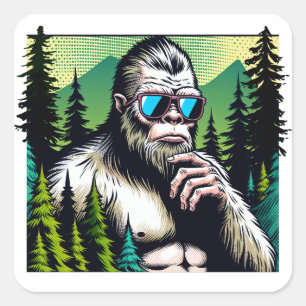 Bigfoot with Sunglasses Hiding in the Woods Square Sticker