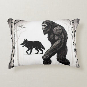 Bigfoot, Wolf and Birch Tree Forest Decorative Cushion