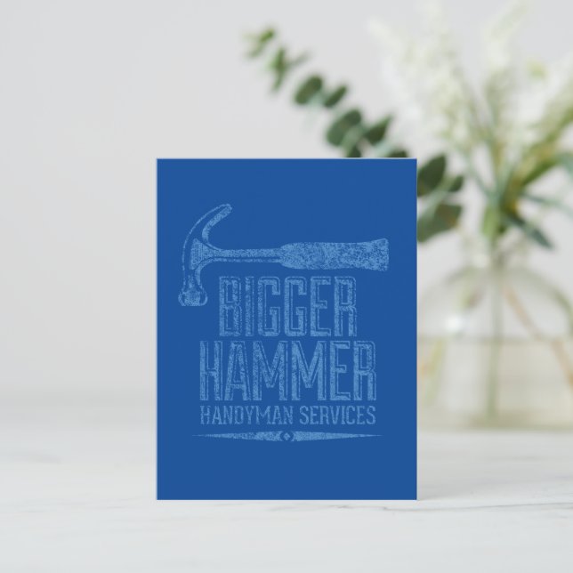 Bigger Hammer Handyman Services Blue BG Vertical Postcard (Standing Front)