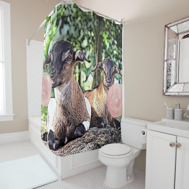 Bigger than Life Baby Alpine Goats with Bubblegum Shower Curtain (In Situ)