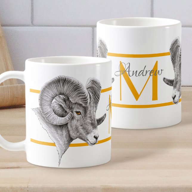 Bighorn Ram Animal art Aries Zodiac sign Monogram Coffee Mug (Creator Uploaded)