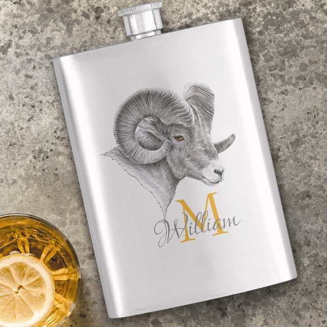 Bighorn Ram Animal art Aries Zodiac sign Monogram Hip Flask (Creator Uploaded)