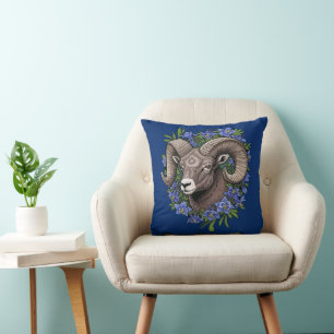 Bighorn Sheep And Blue Colorado Columbine Flowers Cushion