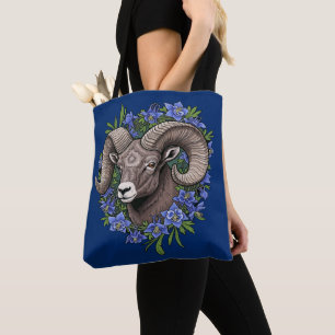Bighorn Sheep And Blue Colorado Columbine Flowers Tote Bag