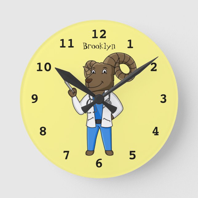 Bighorn sheep doctor cartoon illustration round clock (Front)
