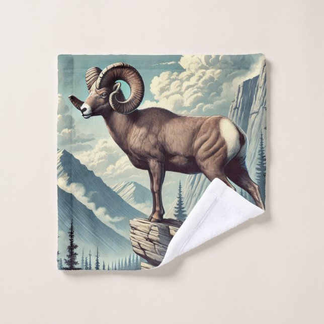 Bighorn Sheep on a Rocky Outcrop Bath Towel Set (Wash Cloth)