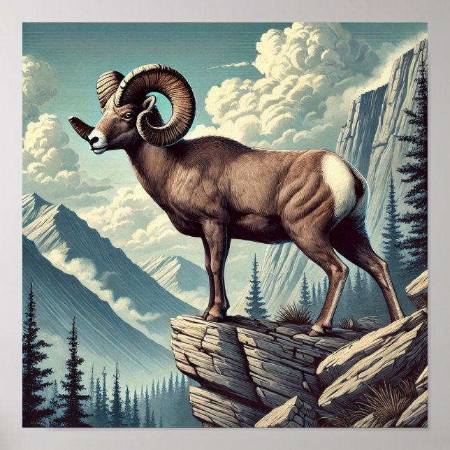 Bighorn Sheep on a Rocky Outcrop Poster (Front)