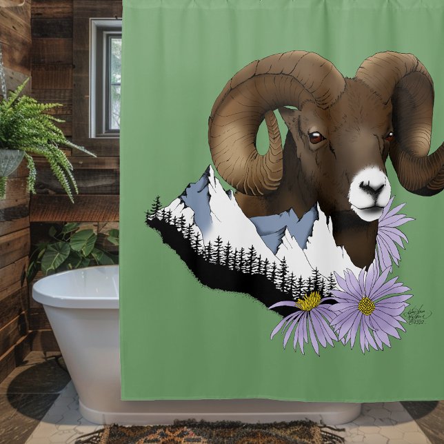 Bighorn Sheep Ram Green Mountains Shower Curtain (Creator Uploaded)
