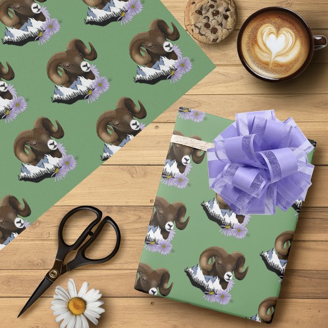 Bighorn Sheep Ram Green Mountains Wrapping Paper (Creator Uploaded)
