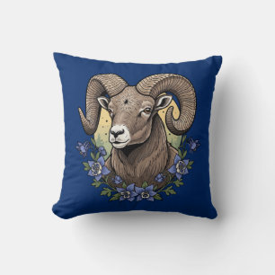 Bighorn Sheep With Blue Colorado Columbine Flowers Cushion