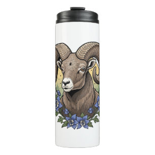 Bighorn Sheep With Blue Colorado Columbine Flowers Thermal Tumbler