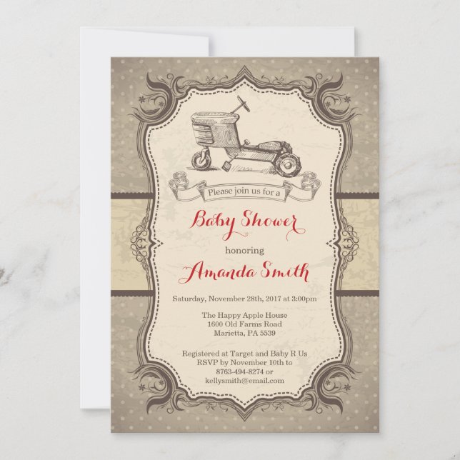 Bike Baby Shower Invitation Vintage Retro (Front)