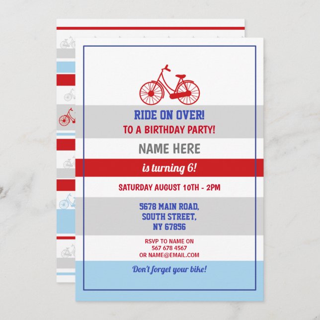 Bike Birthday Bicycle Ride Party Blue Red Boys Invitation (Front/Back)