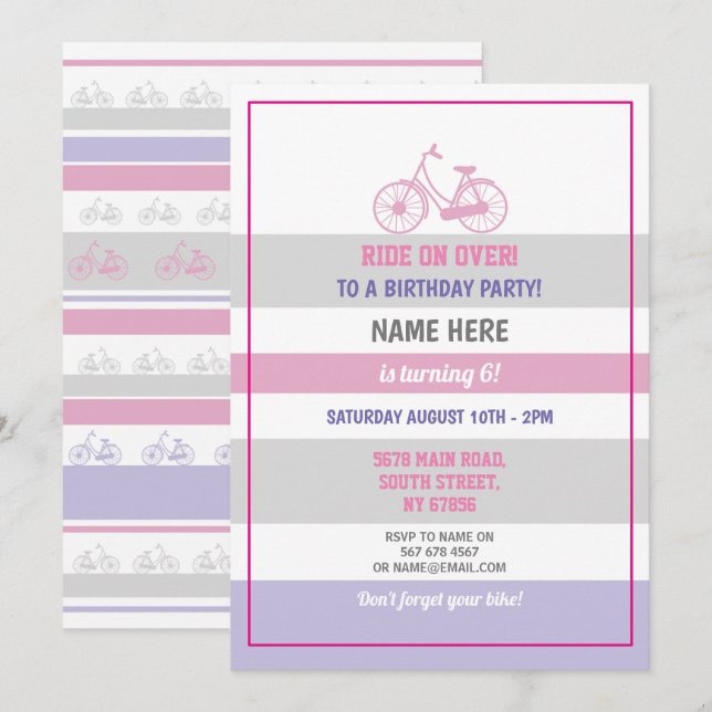 Bike Birthday Bicycle Ride Party Pink Girls Invitation (Front/Back)
